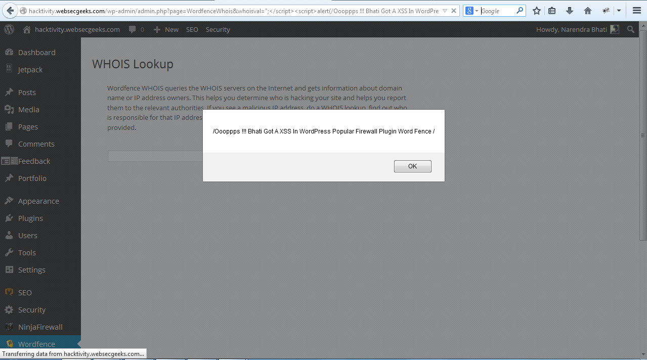 Wordfence Firewall Plugin XSS "CVE-2014-4664"